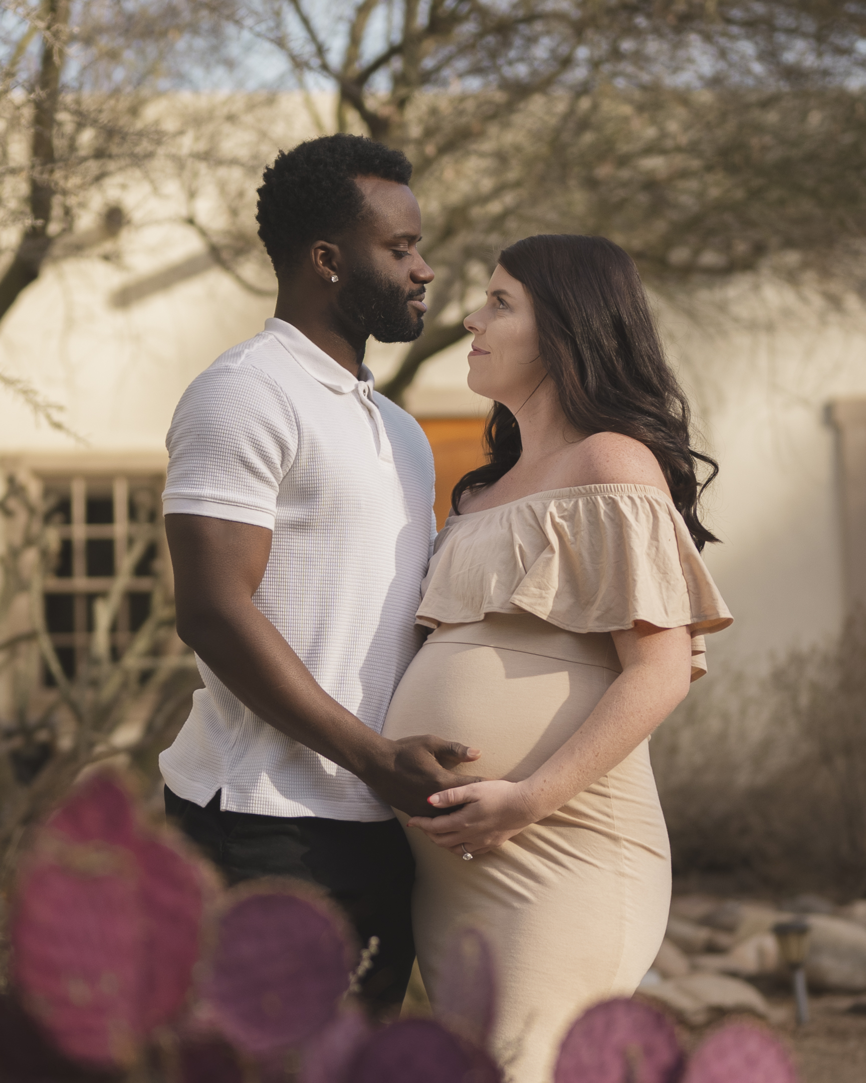 Maternity portrait of couple in nature garden at Hassayampa River Preserve in Wickenburg Arizona