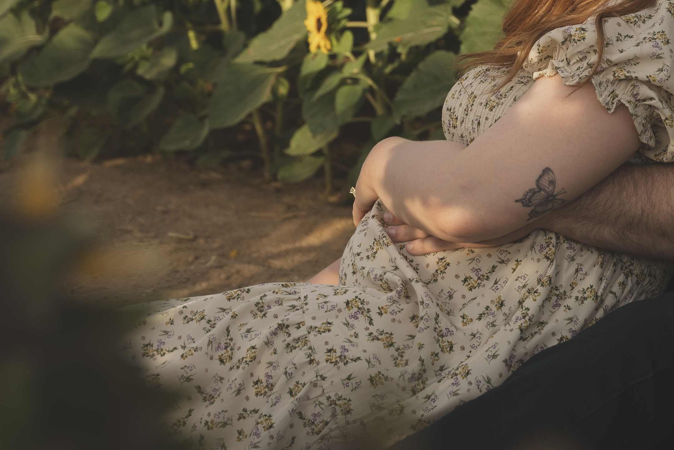 Couple sitting in sunflower field holding pregnant belly