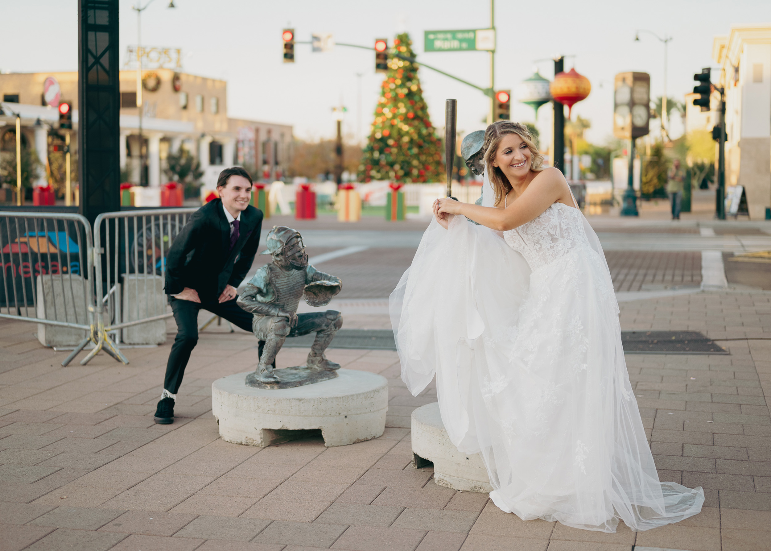 Bride and Groom play baseeball Mesa, Arizona Main St. Tre Bella.
