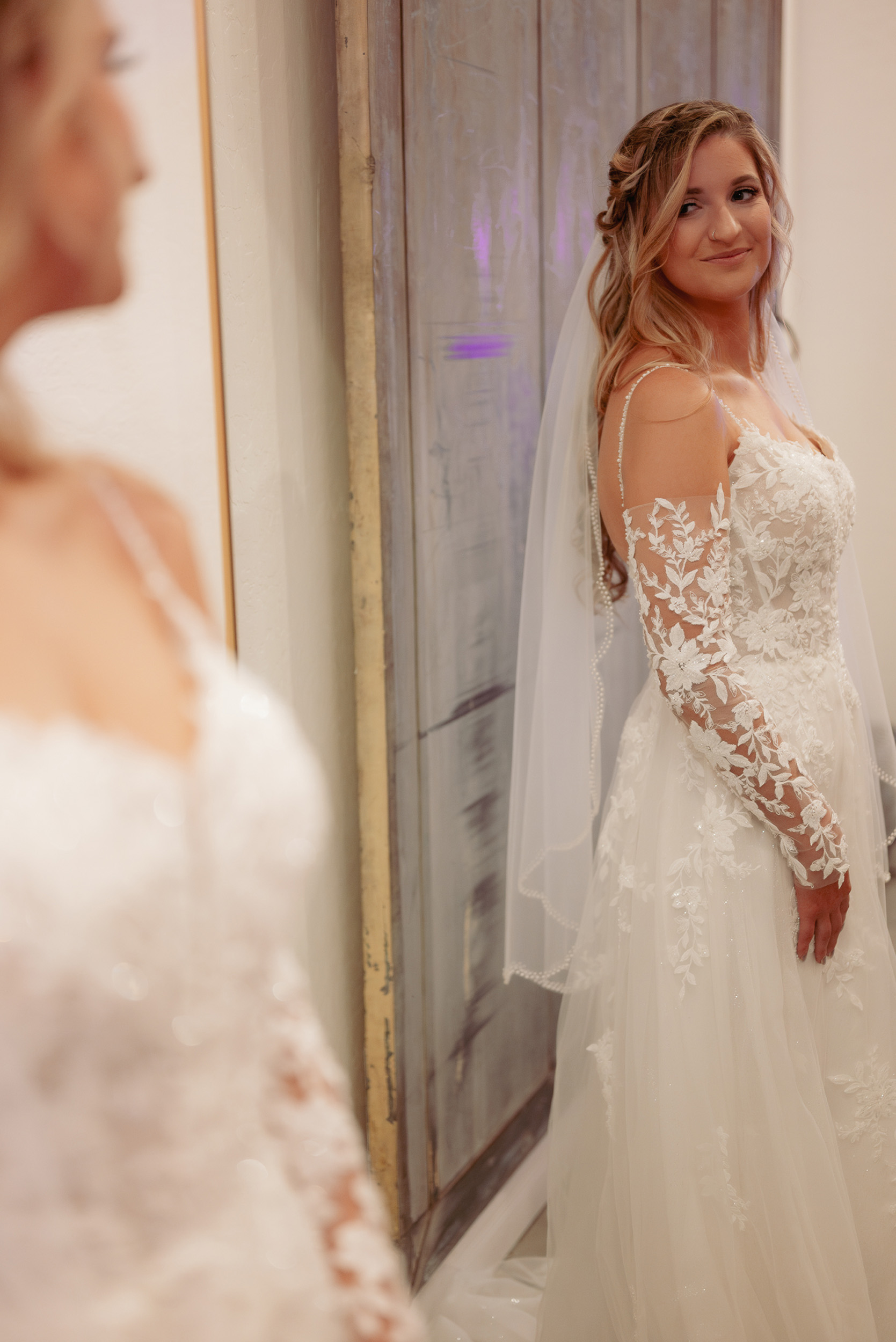 Bridal portrait mirror reflection on wedding day at Tre Bella Mesa Arizona.