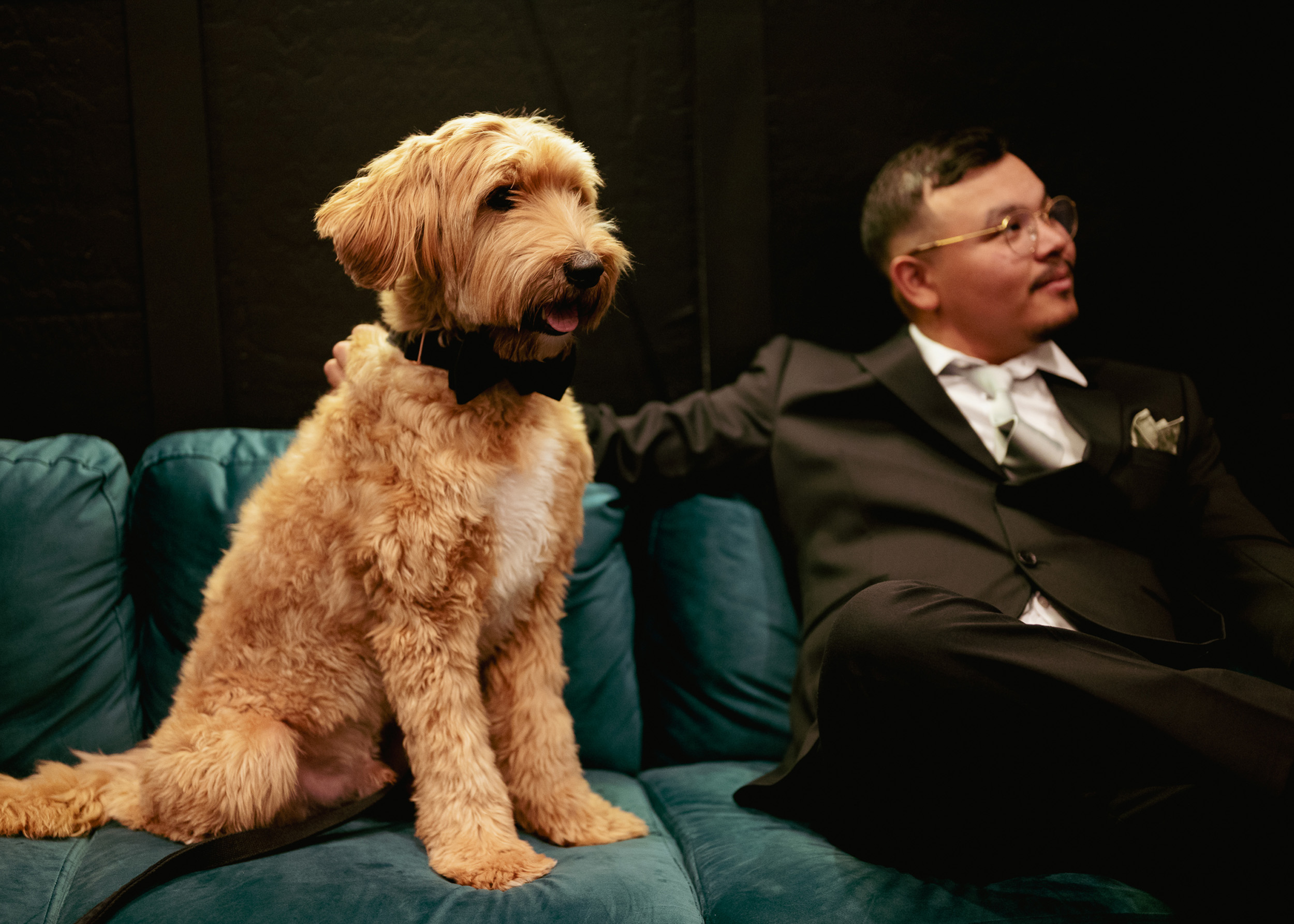 Groomsman and dog ring bearer sitting in dressing room at Tre Bella by Wedgewood Mesa Arizona.
