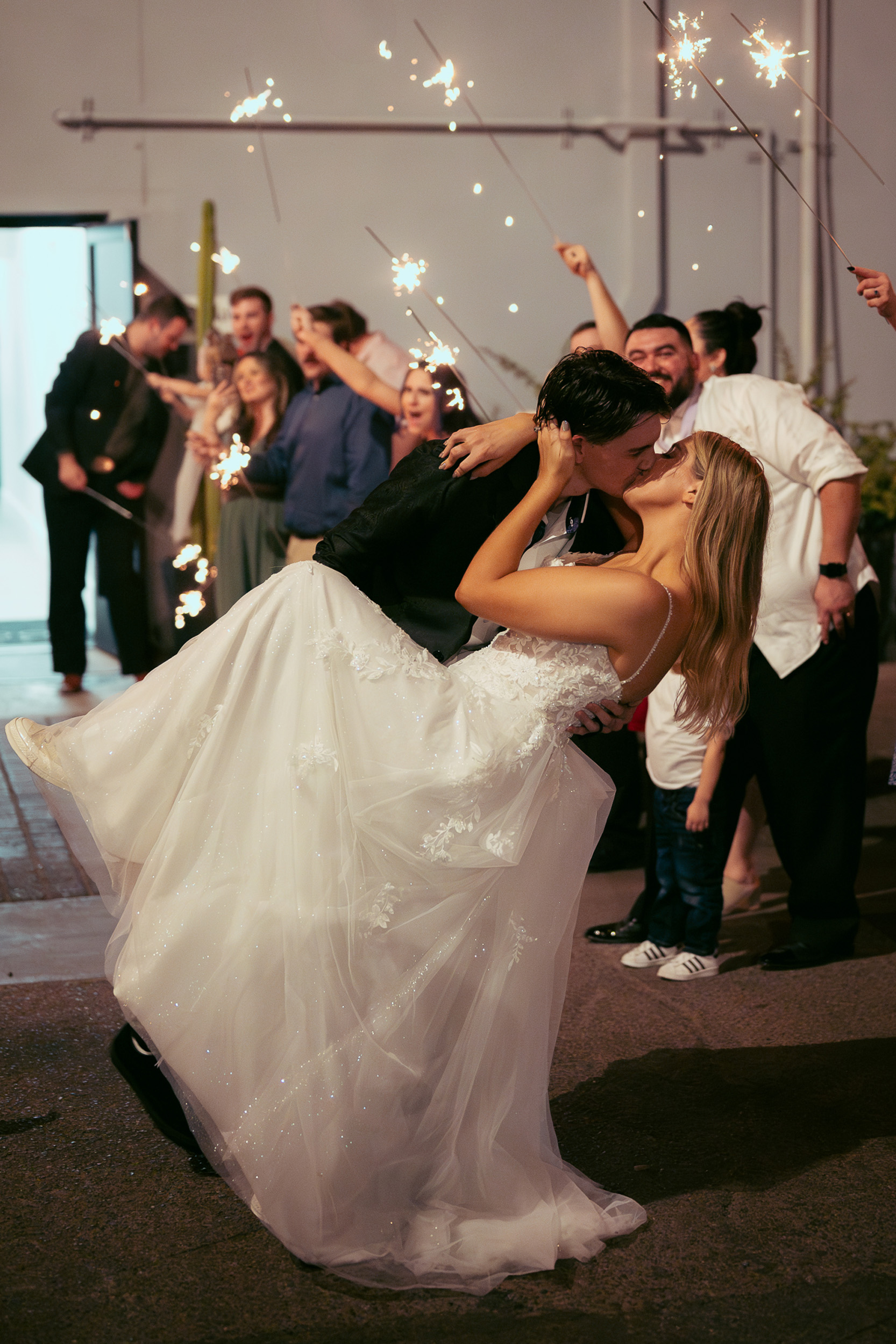 Bride and Groom Mesa, Arizona Main St. Tre Bella sparkler send off.