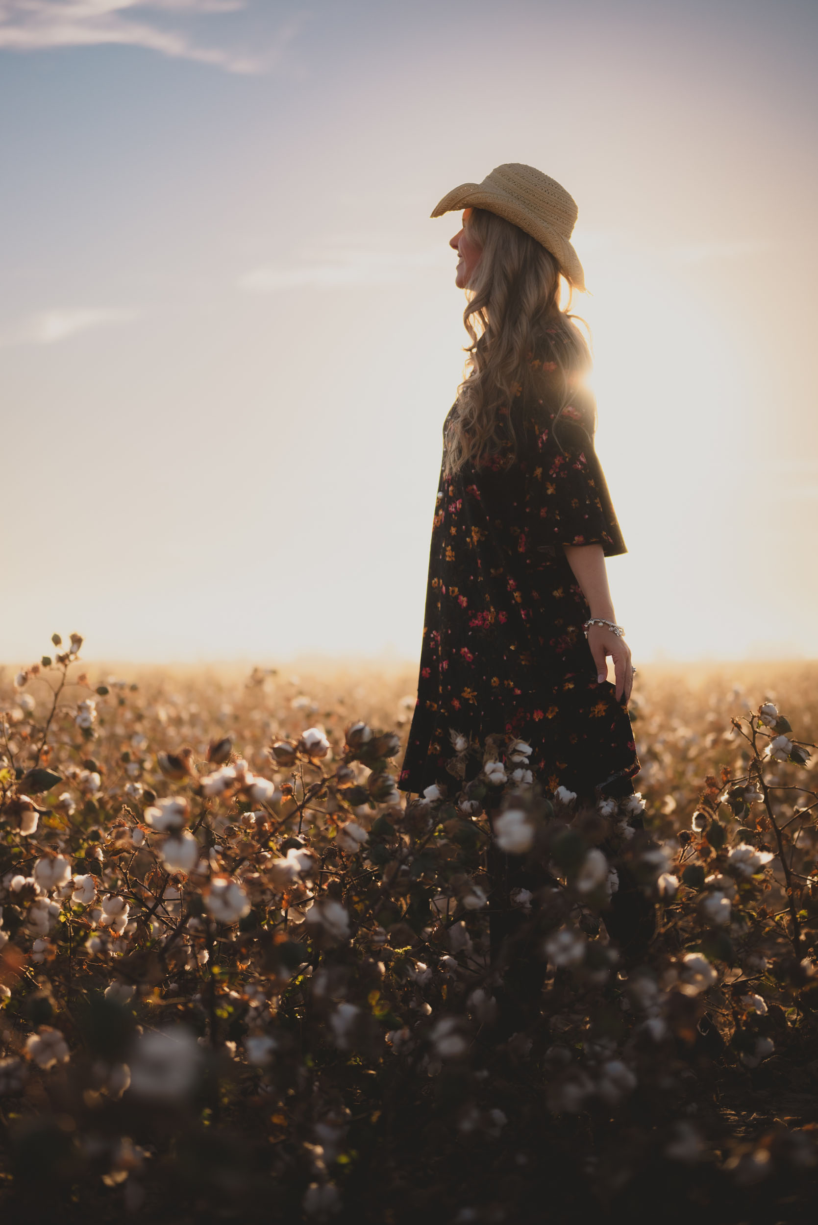 Deamy photo of woman wandering through a cotton field back lit by the setting sun at Rocker 7 Farm in Buckeye.