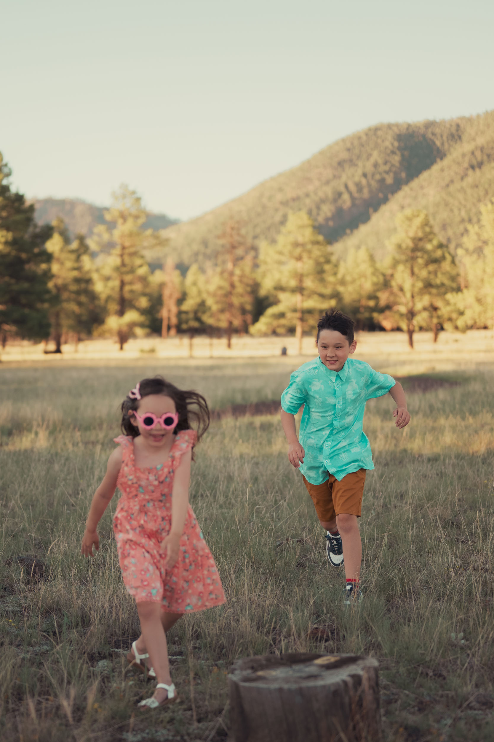young boy chasing sister in a grassy mountain meadow