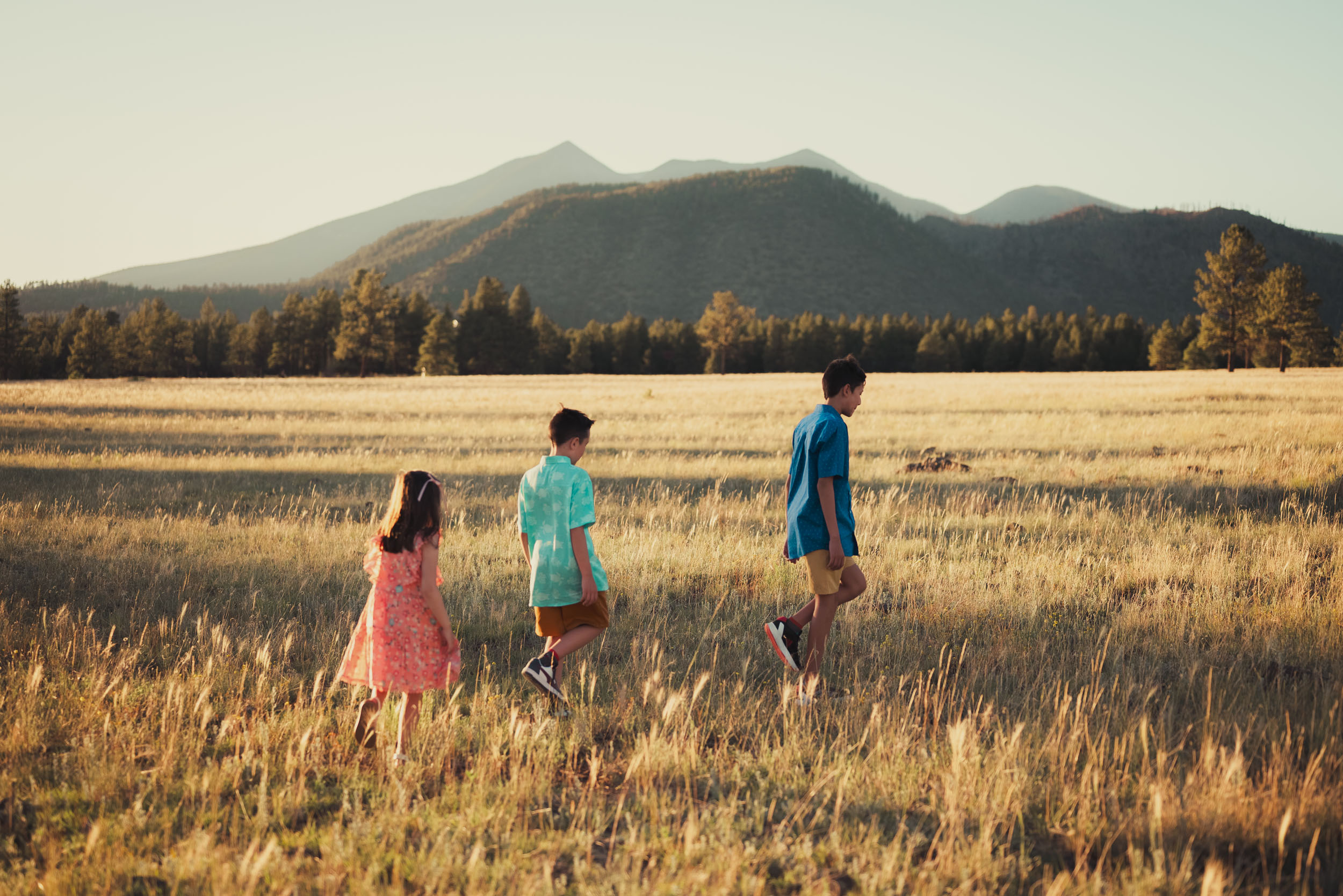 children walking across open grassy meadow at golden hour with Mt. Humphreys in the backdrop