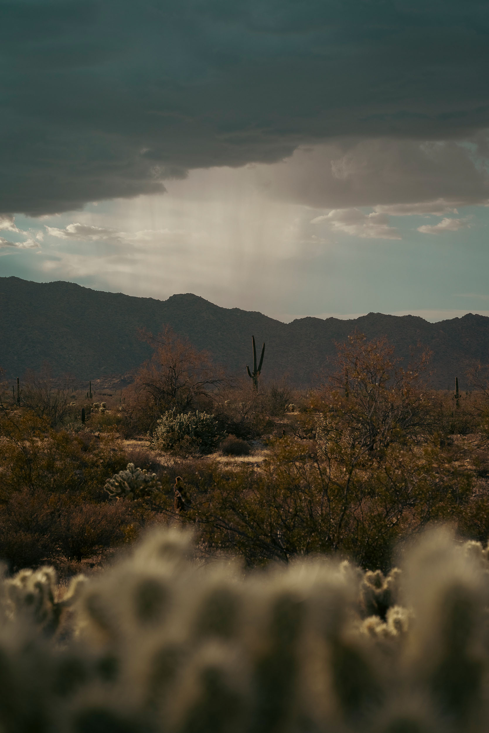 Rain clouds over the White Tank Mountains in Surprise, Arizona.