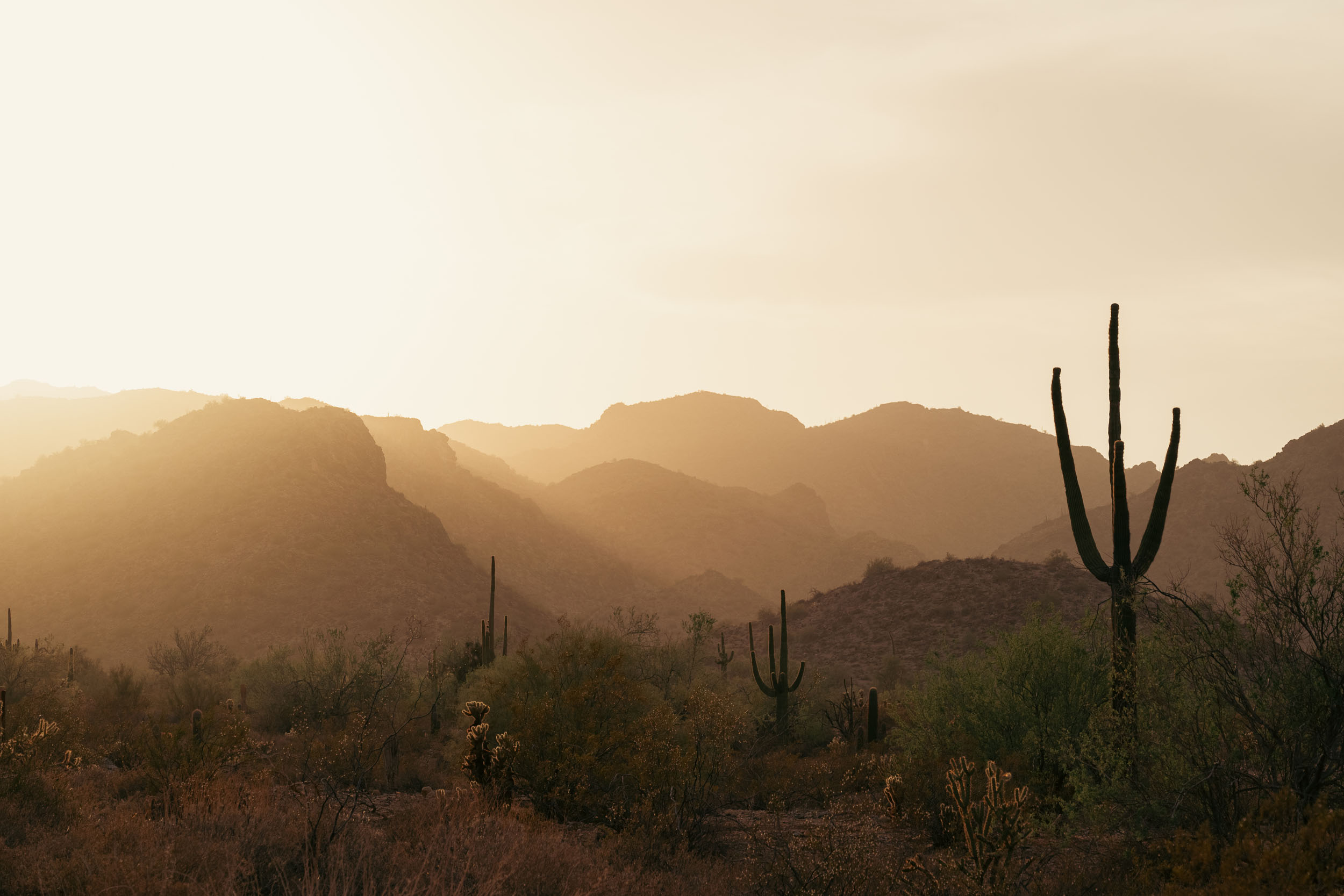 Golden hazy sunset over the White Tank Mountains in Arizona.
