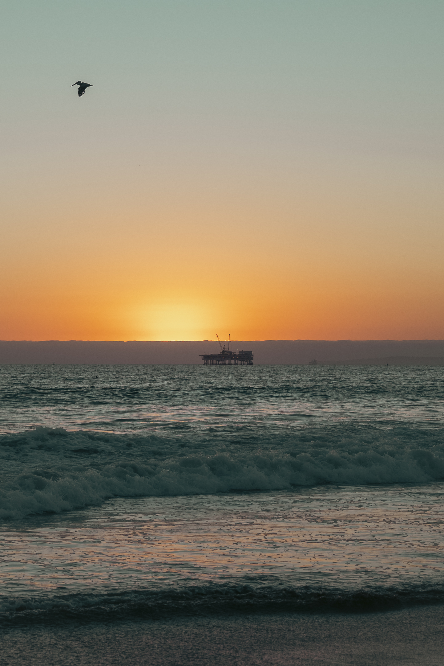 Sunset over the ocean at Sunset Beach Huntington California, with ship and pelican in the distance.